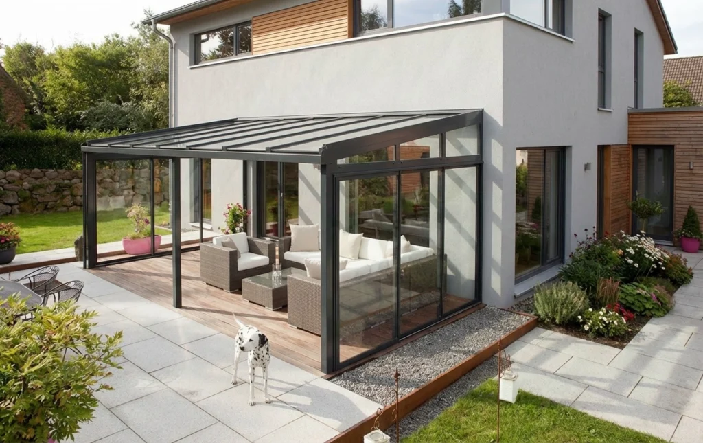 Moderne Terrassenüberdachung 2026 mit integrierten Seitenelementen für zusätzlichen Wind- und Wetterschutz.