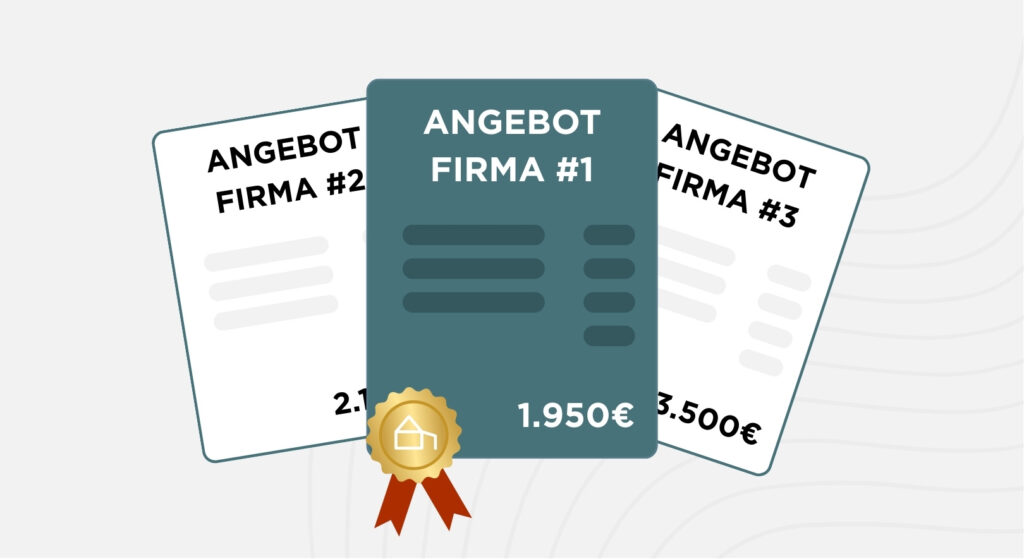 Grafische Darstellung eines Terrassendach-Vergleichs mit drei Angeboten verschiedener Firmen, bei dem das günstigste Angebot hervorgehoben wird.